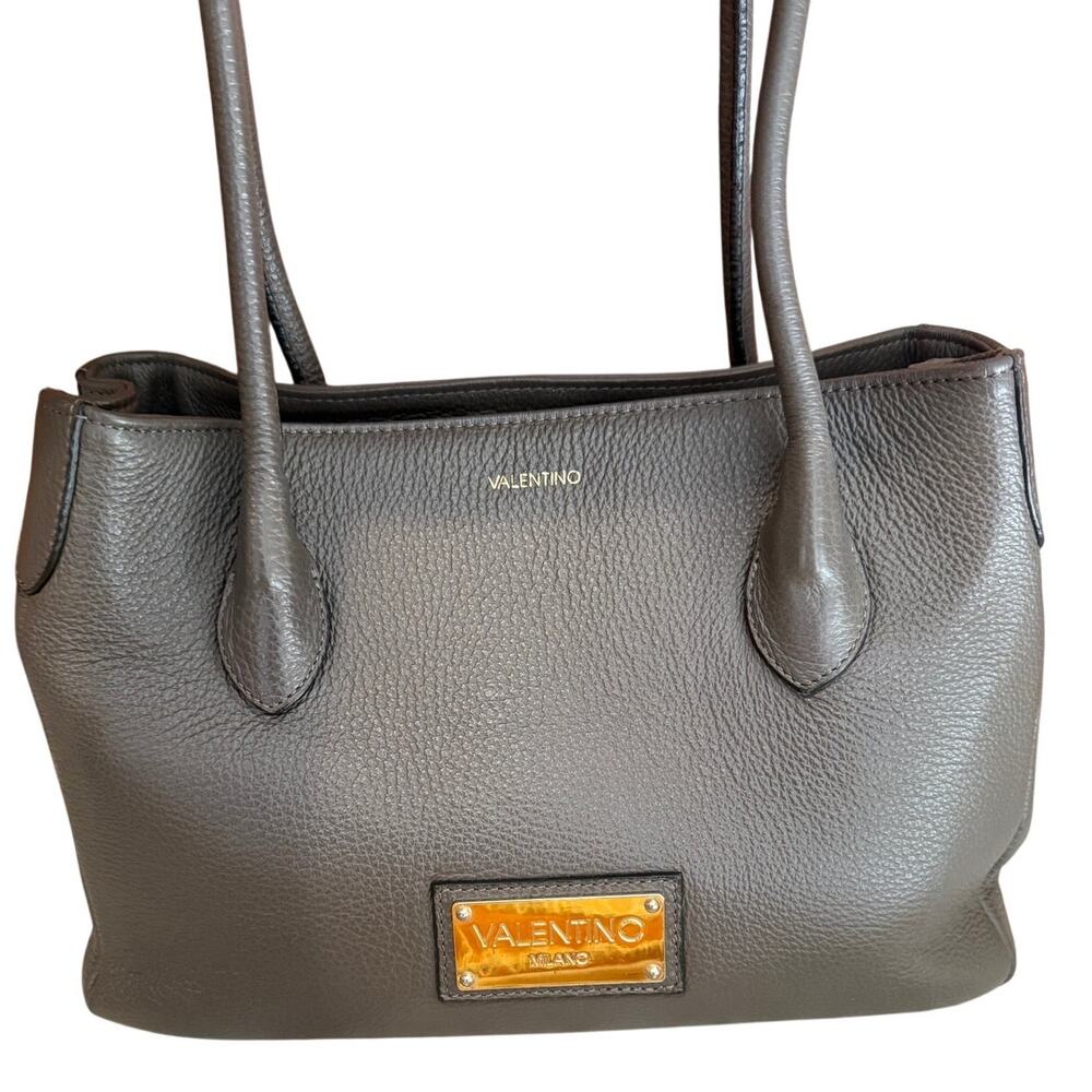 Valentino Pebbled Leather Top Handle Satchel Bag Putty Gray